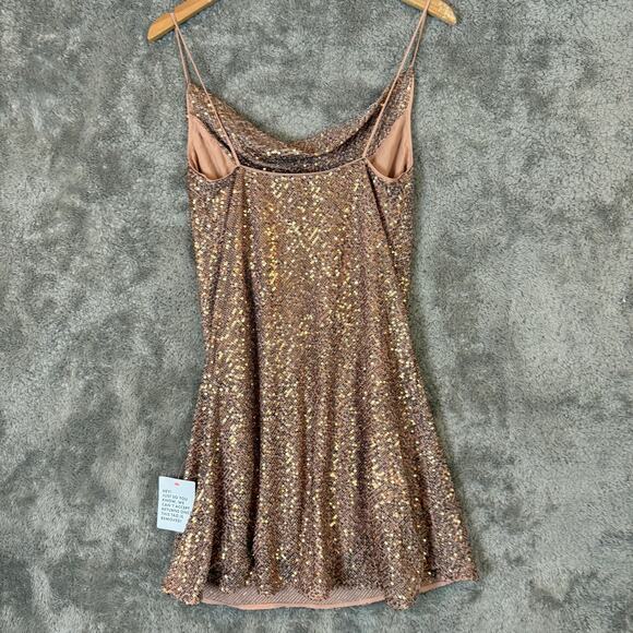 Asos Sequin Cami Mini Dress Cowl Neck Bronze Blush Pink Neutral 6 Tall 6T - Picture 6 of 11